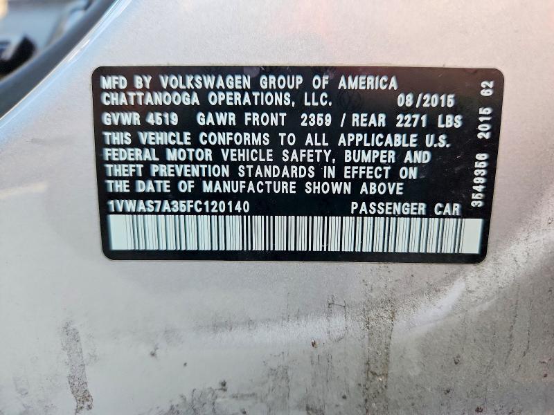 2015 Volkswagen Passat მანქანა იყიდება აუქციონზე, vin: 1VWAS7A35FC120140, აუქციონის ნომერი: 62285326