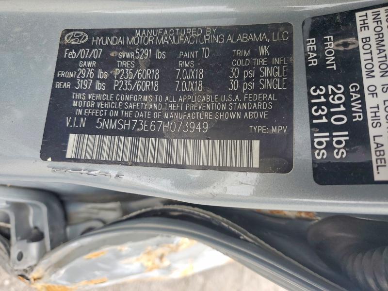 59283756 :رقم المزاد ، 5NMSH73E67H073949 vin ، 2007 Hyundai Santa Fe مزاد بيع