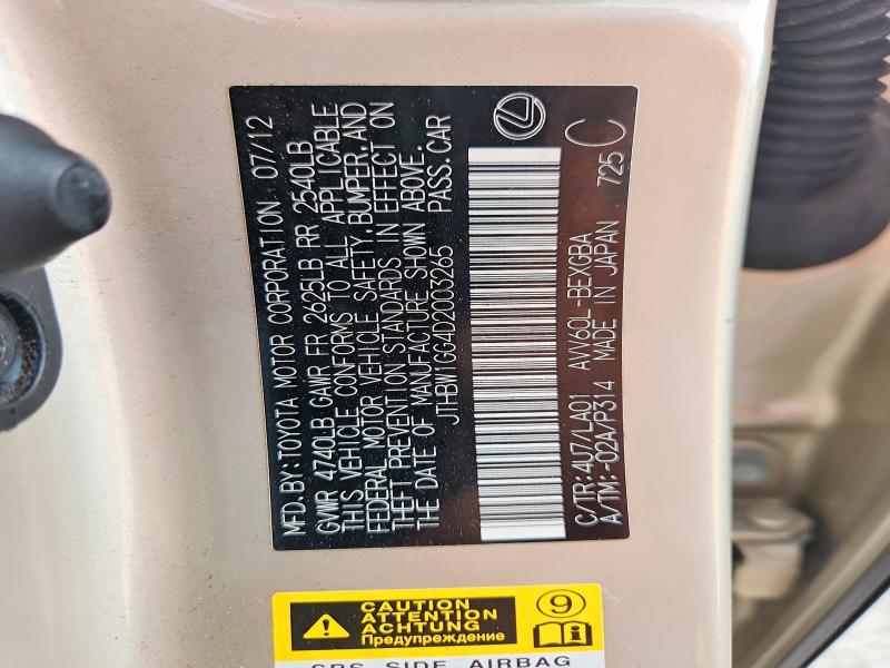 61851826 :رقم المزاد ، JTHBW1GG4D2003265 vin ، 2013 Lexus Es مزاد بيع