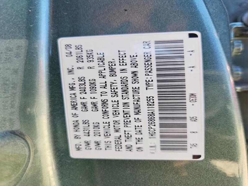 60583166 :رقم المزاد ، 1HGCP26868A118255 vin ، 2008 Honda Accord مزاد بيع