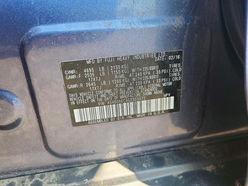 2016 Subaru Outback მანქანა იყიდება აუქციონზე, vin: 4S4BSAEC9G3303472, აუქციონის ნომერი: 59281866