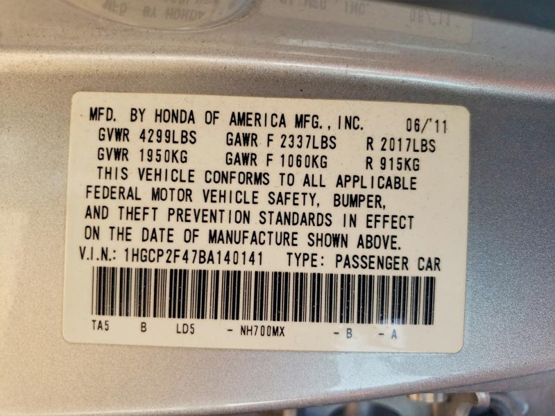 Продажа на аукционе авто 2011 Honda Accord, vin: 1HGCP2F47BA140141, номер лота: 61190506