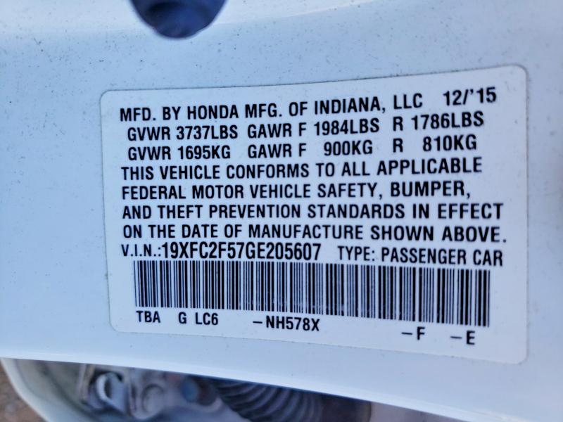 60560706 :رقم المزاد ، 19XFC2F57GE205607 vin ، 2016 Honda Civic مزاد بيع