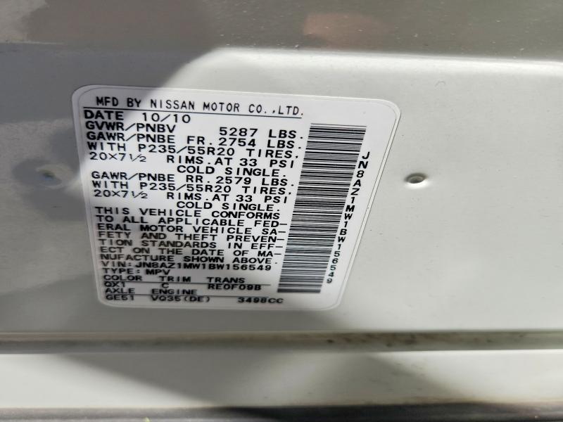 2011 Nissan Murano მანქანა იყიდება აუქციონზე, vin: JN8AZ1MW1BW156549, აუქციონის ნომერი: 63032916