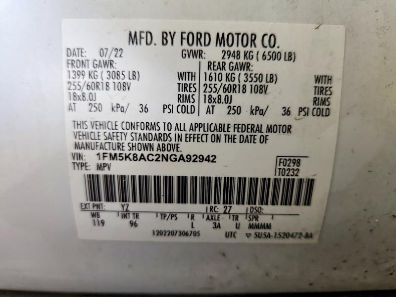 Aukcja sprzedaży 2022 Ford Explorer, vin: 1FM5K8AC2NGA92942, numer aukcji: 61329086