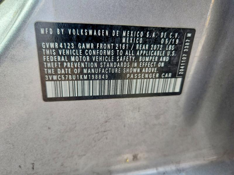 2019 Volkswagen Jetta მანქანა იყიდება აუქციონზე, vin: 3VWC57BU1KM198849, აუქციონის ნომერი: 62338046