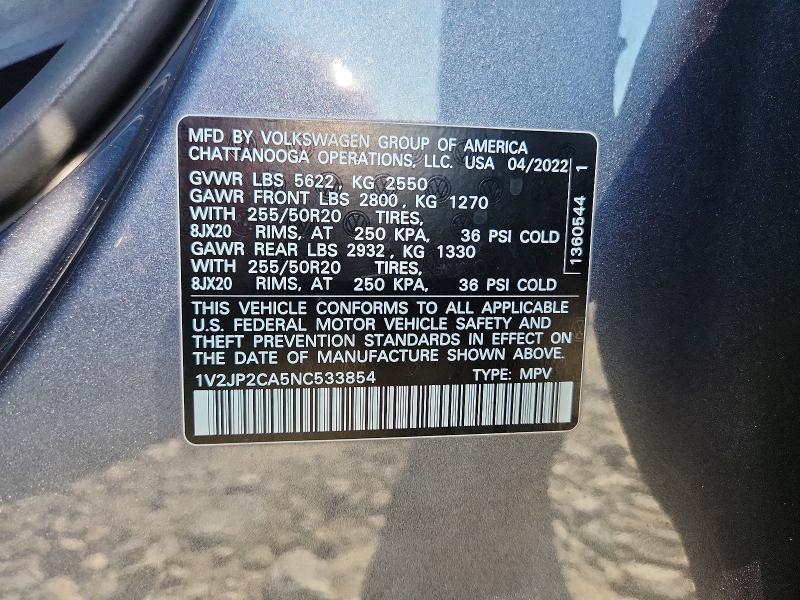 61422756 :رقم المزاد ، 1V2JP2CA5NC533854 vin ، 2022 Volkswagen Atlas مزاد بيع