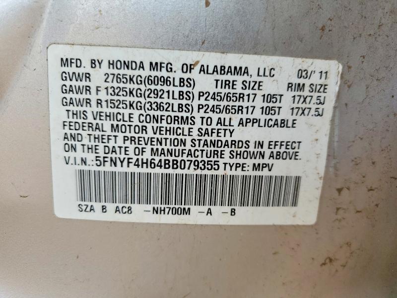 2011 Honda Pilot მანქანა იყიდება აუქციონზე, vin: 5FNYF4H64BB079355, აუქციონის ნომერი: 59915316
