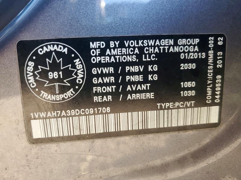 Продажа на аукционе авто 2013 Volkswagen Passat, vin: 1VWAH7A39DC091706, номер лота: 61590406
