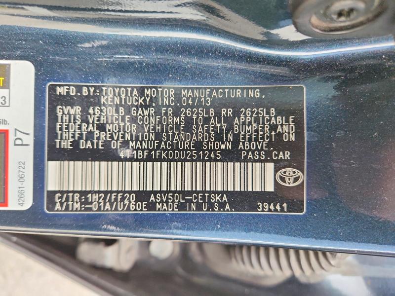 Aukcja sprzedaży 2013 Toyota Camry, vin: 4T1BF1FK0DU251245, numer aukcji: 60680326