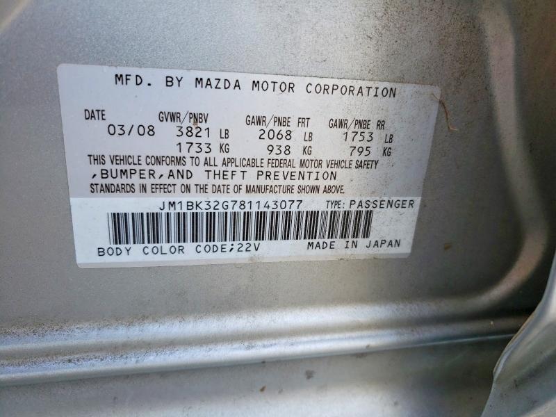 Aukcja sprzedaży 2008 Mazda 3, vin: JM1BK32G781143077, numer aukcji: 63375556