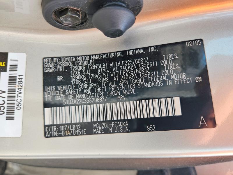 Продажа на аукционе авто 2005 Toyota Sienna, vin: 5TDZA22C35S298877, номер лота: 62792126