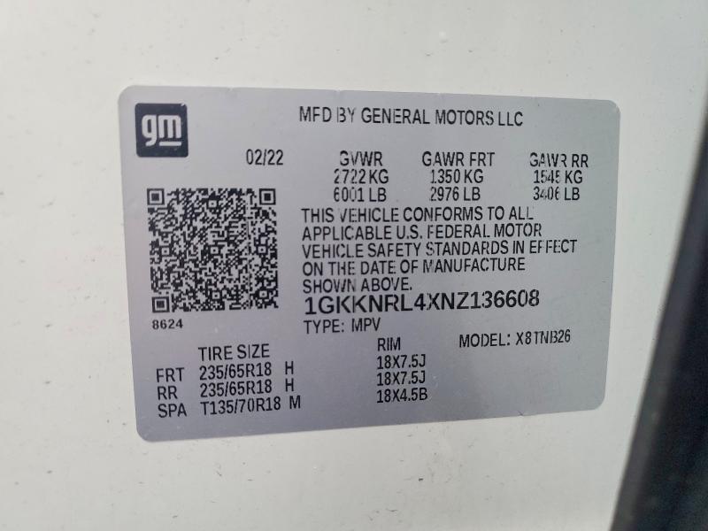 Aukcja sprzedaży 2022 Gmc Acadia, vin: 1GKKNRL4XNZ136608, numer aukcji: 59815966