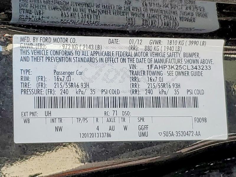 Aukcja sprzedaży 2012 Ford Focus, vin: 1FAHP3K25CL343233, numer aukcji: 59821376