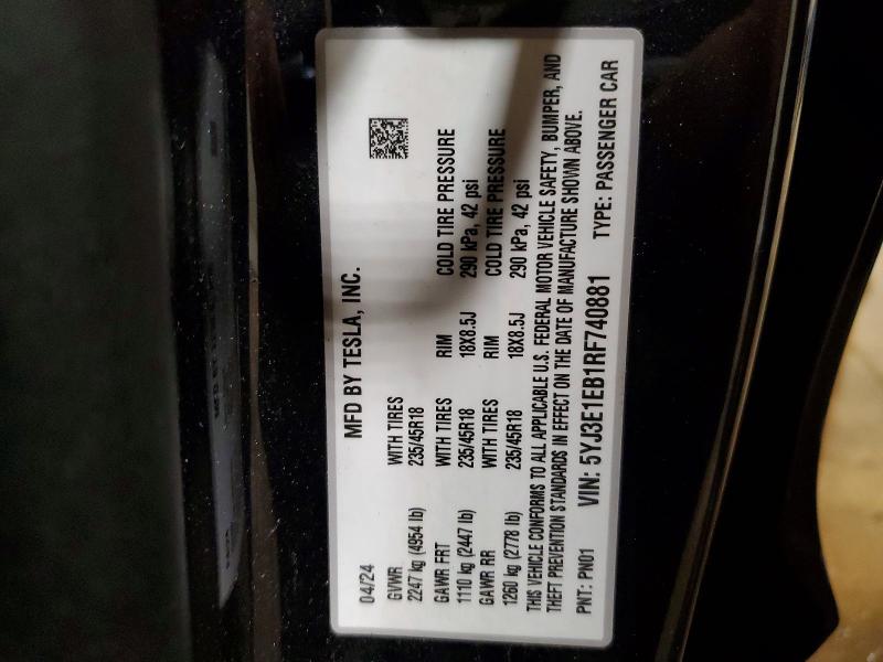 Aukcja sprzedaży 2024 Tesla Model 3, vin: 5YJ3E1EB1RF740881, numer aukcji: 61339716