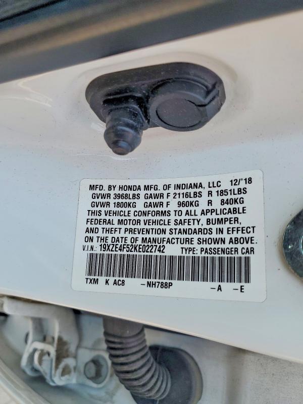 2019 Honda Insight მანქანა იყიდება აუქციონზე, vin: 19XZE4F52KE022742, აუქციონის ნომერი: 61085566