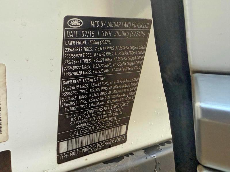 2016 Land Rover Range Rover მანქანა იყიდება აუქციონზე, vin: SALGS2VF9GA245118, აუქციონის ნომერი: 61622116