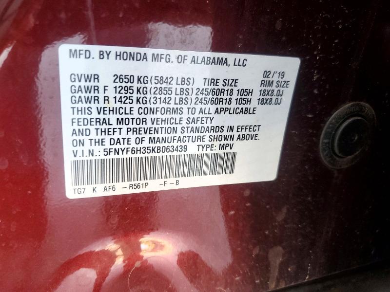 Aukcja sprzedaży 2019 Honda Pilot, vin: 5FNYF6H35KB063439, numer aukcji: 61859656