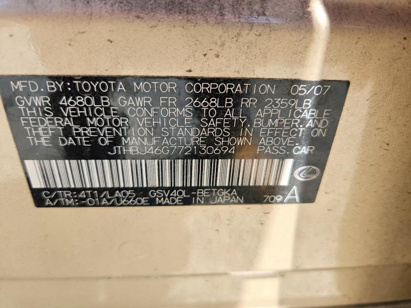 2007 Lexus Es მანქანა იყიდება აუქციონზე, vin: JTHBJ46G772130694, აუქციონის ნომერი: 61922476