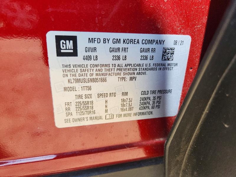 Aukcja sprzedaży 2022 Chevrolet Trailblazer, vin: KL79MUSL6NB051666, numer aukcji: 60511726