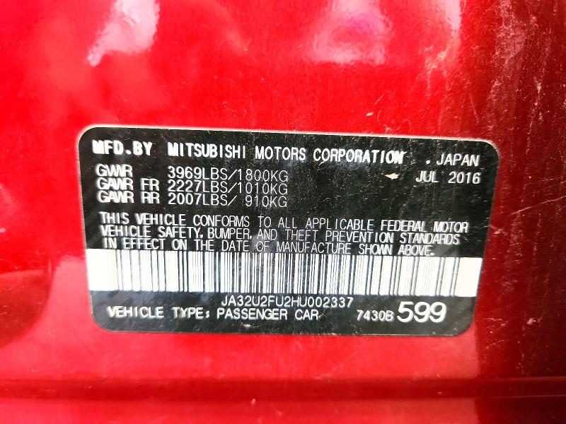 61294636 :رقم المزاد ، JA32U2FU2HU002337 vin ، 2017 Mitsubishi Lancer مزاد بيع