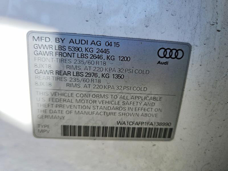 Aukcja sprzedaży 2015 Audi Q5, vin: WA1CFAFP1FA138990, numer aukcji: 60946216