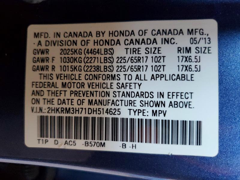 59390186 :رقم المزاد ، 2HKRM3H71DH514625 vin ، 2013 Honda Cr-v مزاد بيع