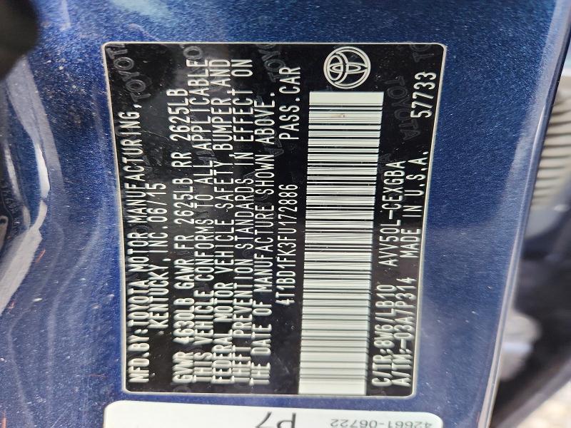 60695536 :رقم المزاد ، 4T1BD1FK3FU172886 vin ، 2015 Toyota Camry Hybrid مزاد بيع