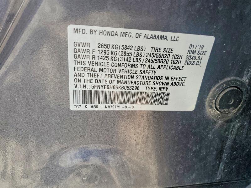 60152916 :رقم المزاد ، 5FNYF6H06KB053296 vin ، 2019 Honda Pilot مزاد بيع