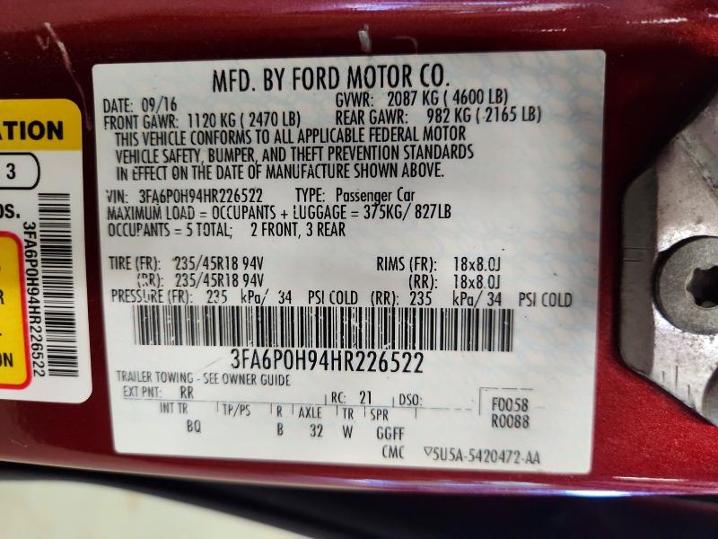 62478096 :رقم المزاد ، 3FA6P0H94HR226522 vin ، 2017 Ford Fusion مزاد بيع