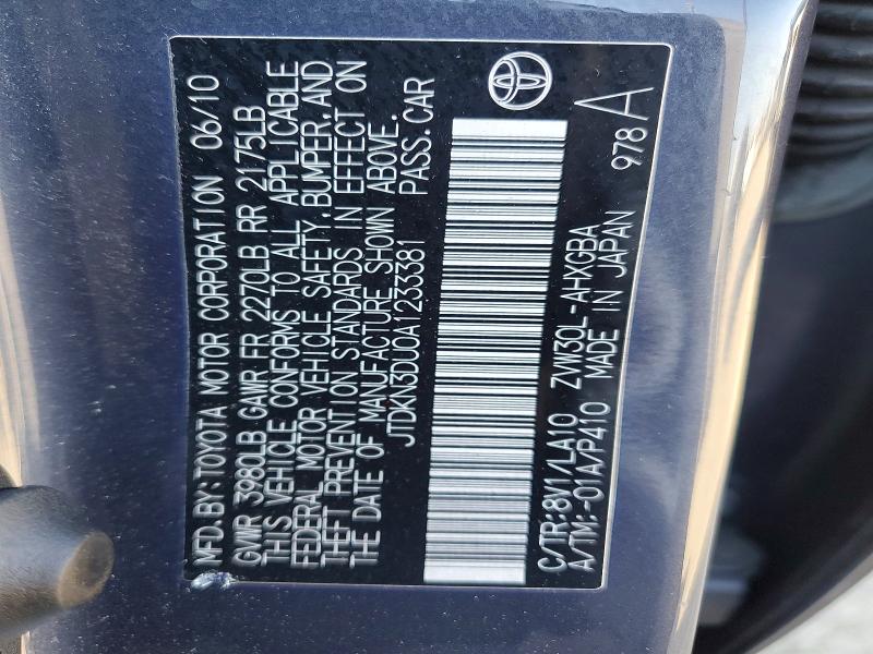 Aukcja sprzedaży 2010 Toyota Prius, vin: JTDKN3DU0A1233381, numer aukcji: 61373236