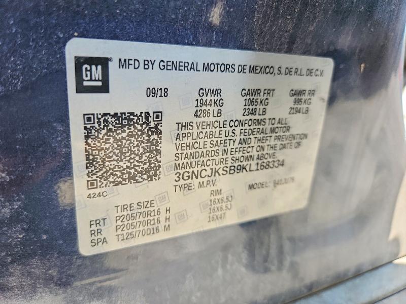 2019 Chevrolet Trax მანქანა იყიდება აუქციონზე, vin: 3GNCJKSB9KL168334, აუქციონის ნომერი: 61906316