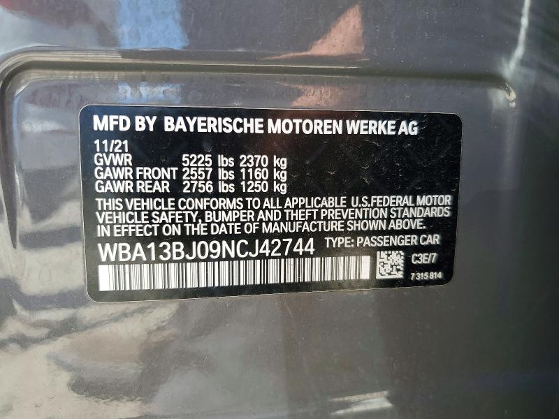 61993616 :رقم المزاد ، WBA13BJ09NCJ42744 vin ، 2022 Bmw 530 مزاد بيع