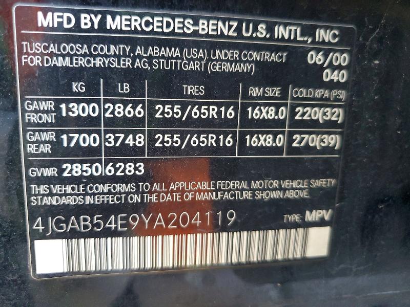 2000 Mercedes-benz Ml მანქანა იყიდება აუქციონზე, vin: 4JGAB54E9YA204119, აუქციონის ნომერი: 85621105