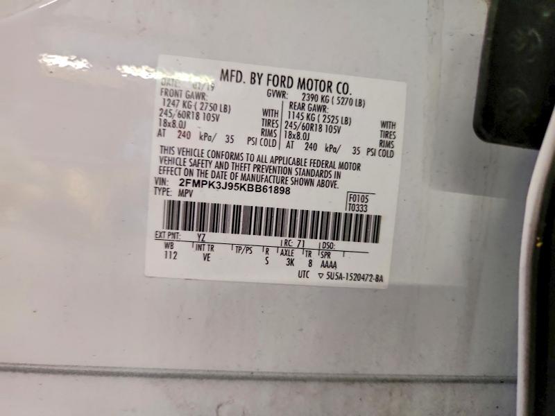 58757816 :رقم المزاد ، 2FMPK3J95KBB61898 vin ، 2019 Ford Edge مزاد بيع