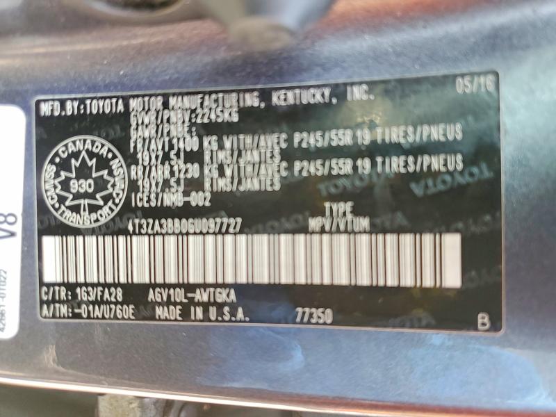 2016 Toyota Venza მანქანა იყიდება აუქციონზე, vin: 4T3ZA3BB0GU097727, აუქციონის ნომერი: 61232776