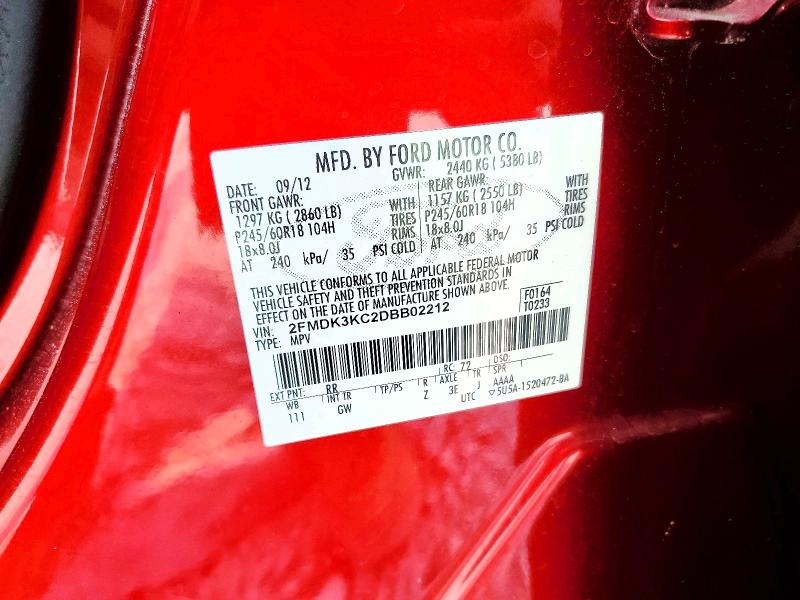 62902196 :رقم المزاد ، 2FMDK3KC2DBB02212 vin ، 2013 Ford Edge مزاد بيع