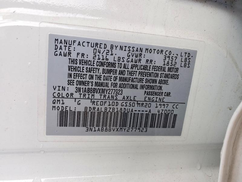 Auction sale of the 2021 Nissan Sentra, vin: 3N1AB8BVXMY277923, lot number: 60044876