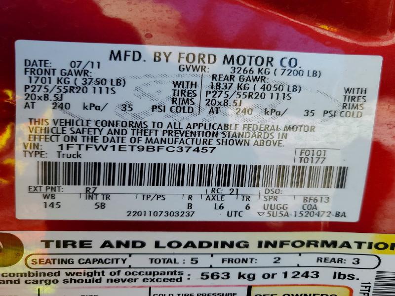 Продажа на аукционе авто 2011 Ford F150, vin: 1FTFW1ET9BFC37457, номер лота: 61126476