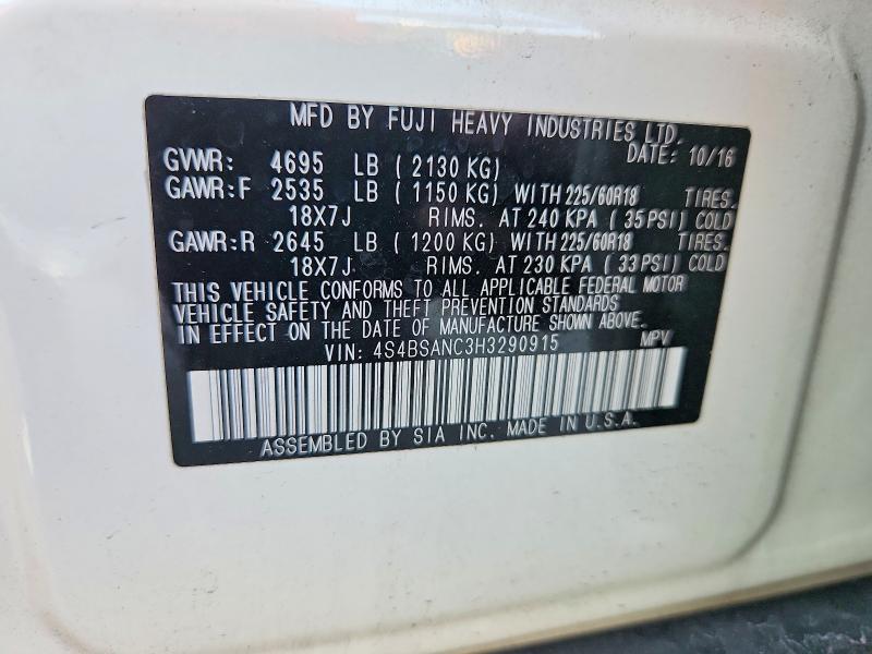 Aukcja sprzedaży 2017 Subaru Outback, vin: 4S4BSANC3H3290915, numer aukcji: 61886436