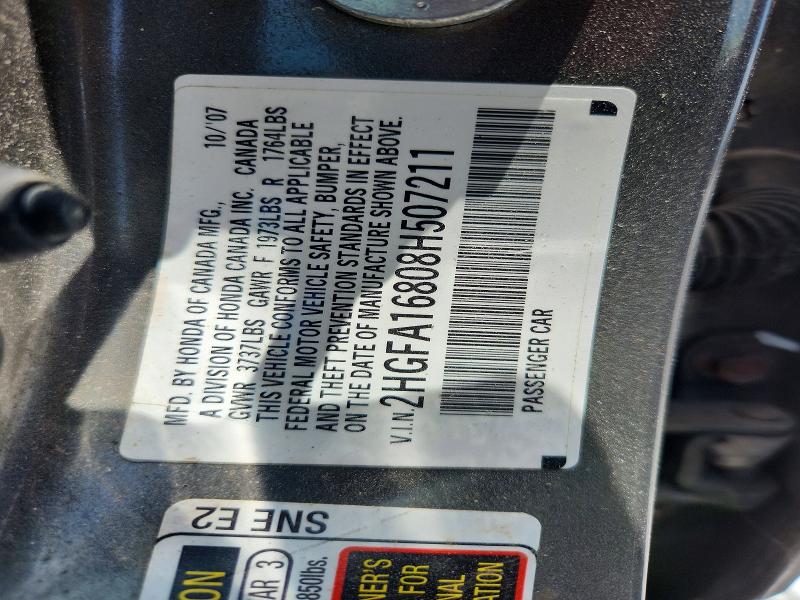 2008 Honda Civic მანქანა იყიდება აუქციონზე, vin: 2HGFA16808H507211, აუქციონის ნომერი: 59711696
