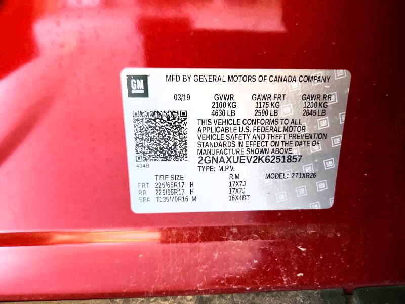 Aukcja sprzedaży 2019 Chevrolet Equinox, vin: 2GNAXUEV2K6251857, numer aukcji: 60678176