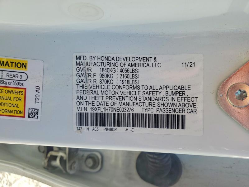 60056276 :رقم المزاد ، 19XFL1H70NE003276 vin ، 2022 Honda Civic مزاد بيع