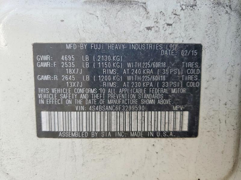 61227326 :رقم المزاد ، 4S4BSANC6F3299590 vin ، 2015 Subaru Outback مزاد بيع