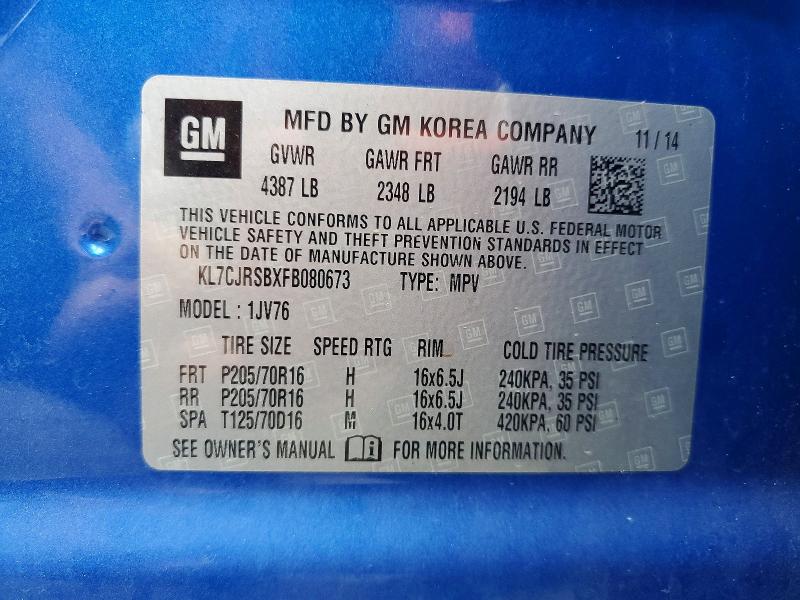 2015 Chevrolet Trax მანქანა იყიდება აუქციონზე, vin: KL7CJRSBXFB080673, აუქციონის ნომერი: 62133306