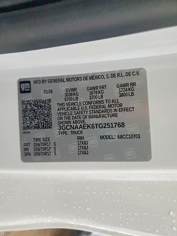 2026 Chevrolet Silverado მანქანა იყიდება აუქციონზე, vin: 3GCNAAEK6TG251768, აუქციონის ნომერი: 60200126