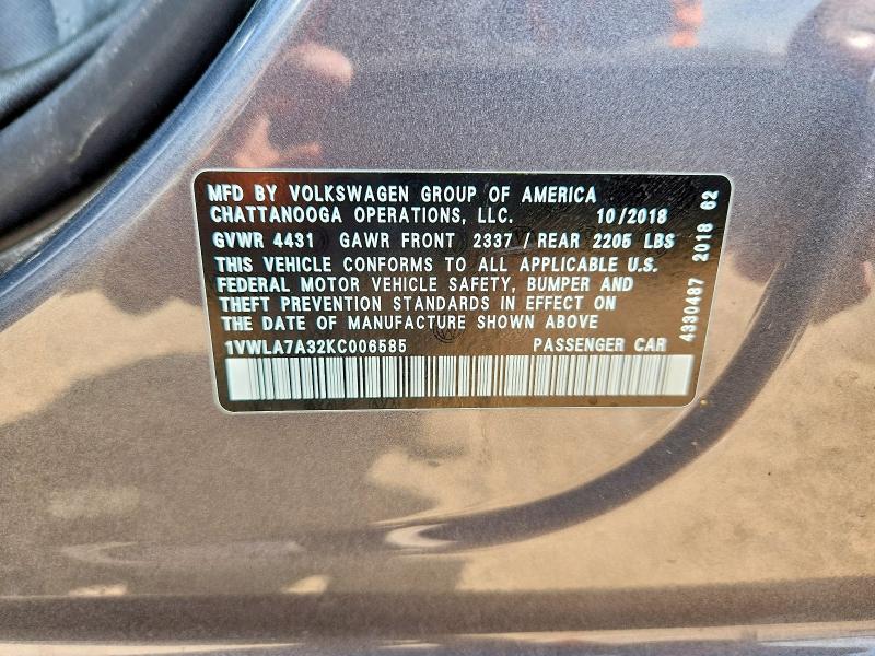 61925326 :رقم المزاد ، 1VWLA7A32KC006585 vin ، 2019 Volkswagen Passat مزاد بيع