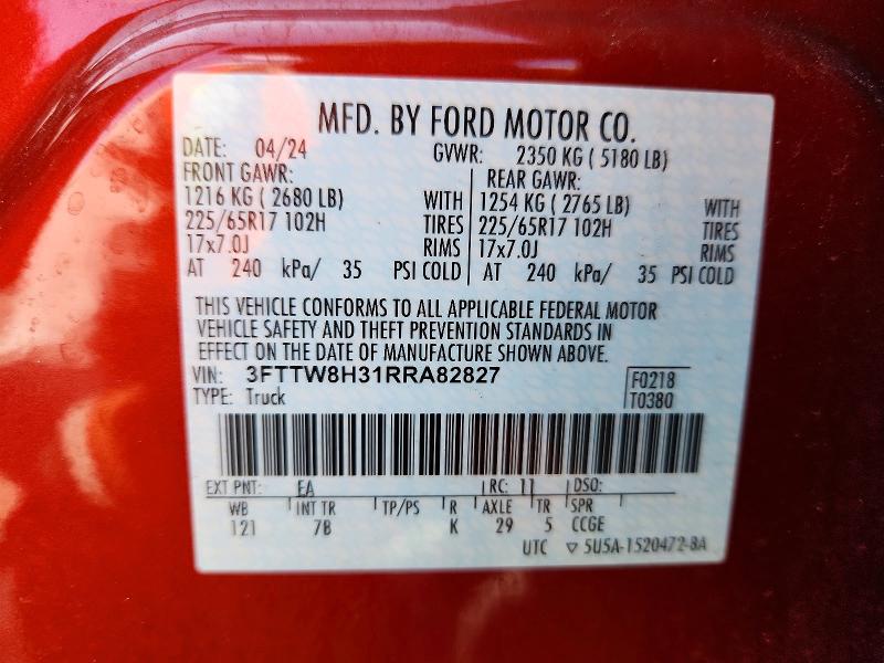 61738376 :رقم المزاد ، 3FTTW8H31RRA82827 vin ، 2024 Ford Maverick مزاد بيع