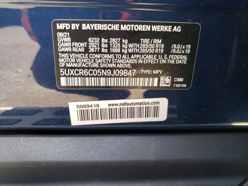 61486516 :رقم المزاد ، 5UXCR6C05N9J09847 vin ، 2022 Bmw X5 مزاد بيع