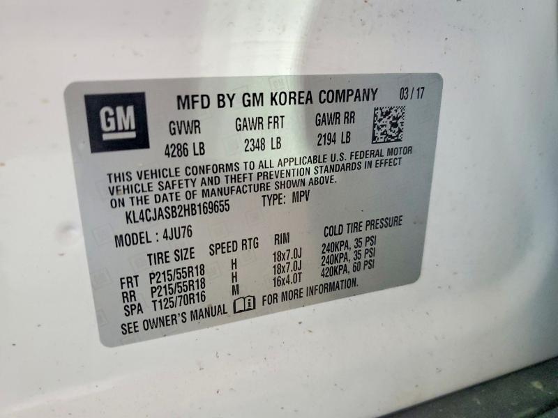 61117946 :رقم المزاد ، KL4CJASB2HB169655 vin ، 2017 Buick Encore مزاد بيع